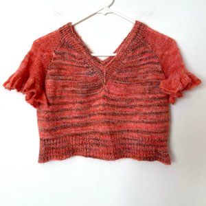 Hand knit Alpaca Wool Cropped Top V-Neck Sweater Ruffle Sleeves Size XS - Small